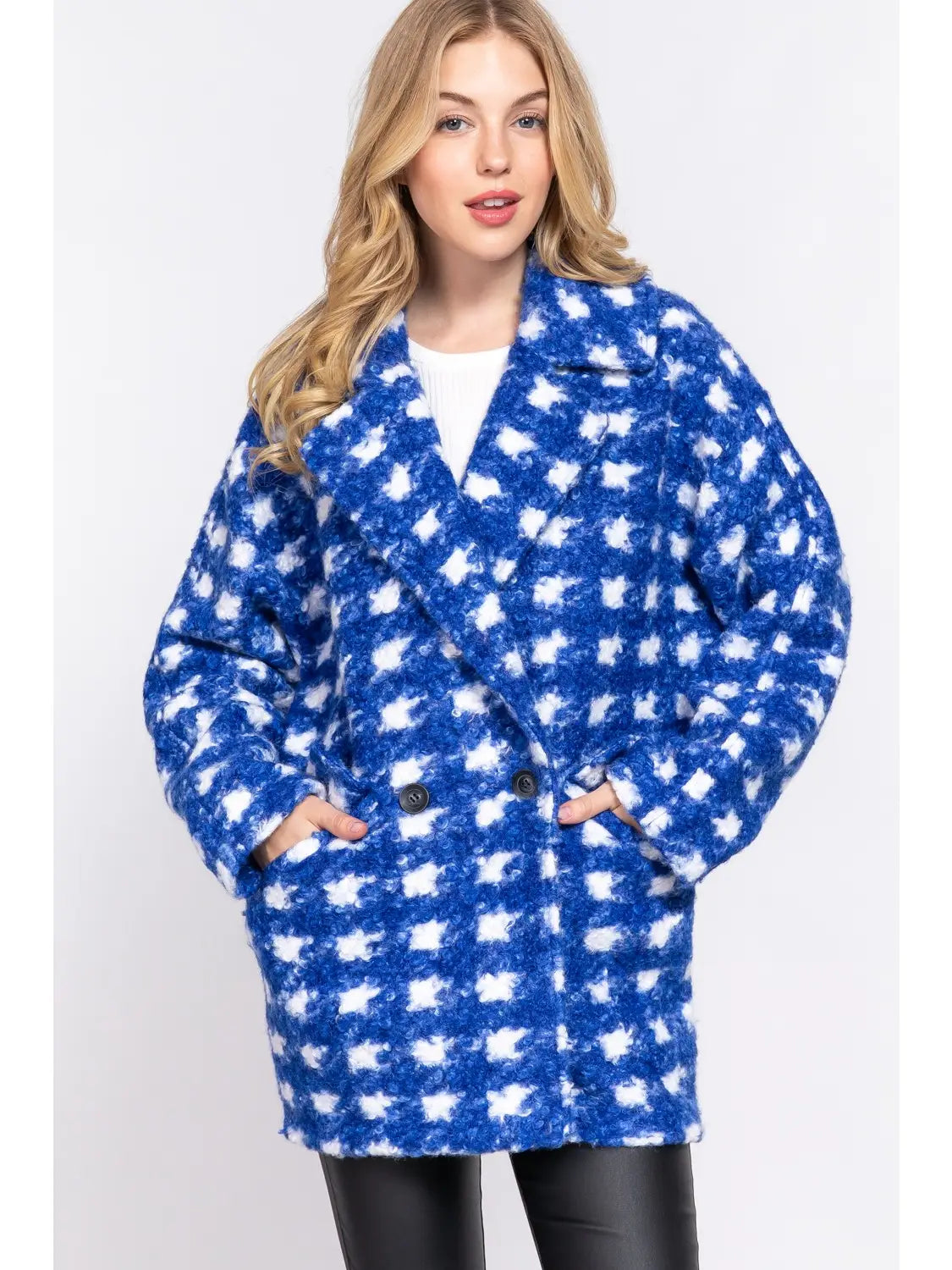Blue Check Print Fleece Coat