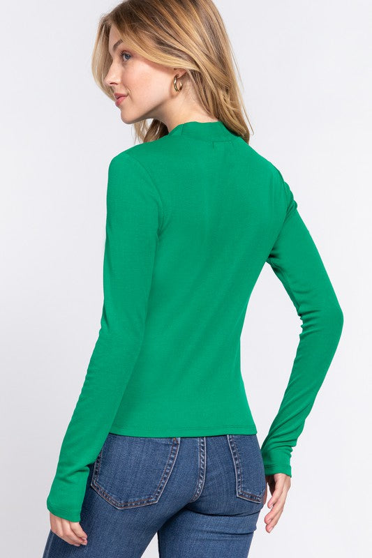 Mock Neck Rib Knit Top in Green
