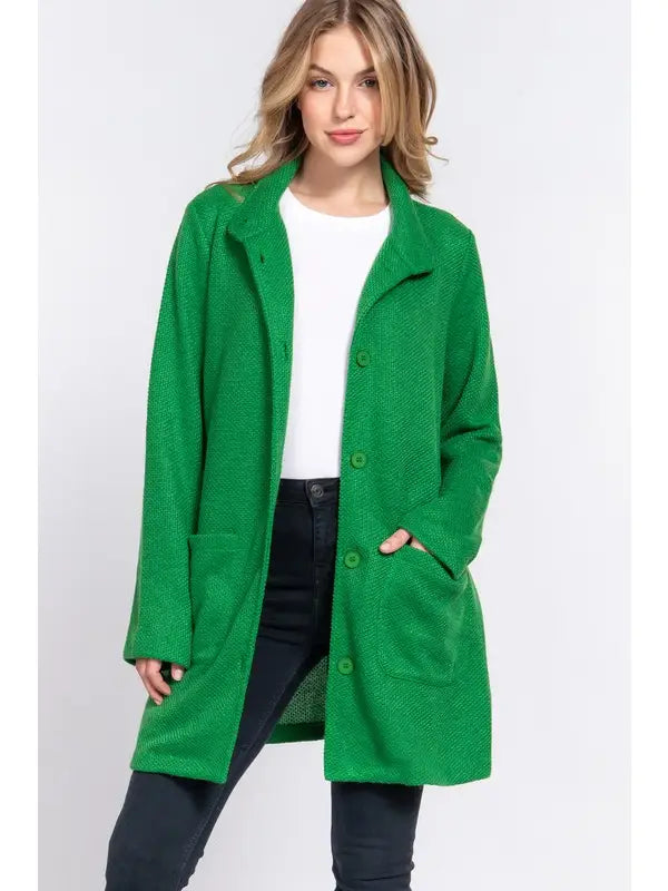 High Neck Button Down Coat in Green