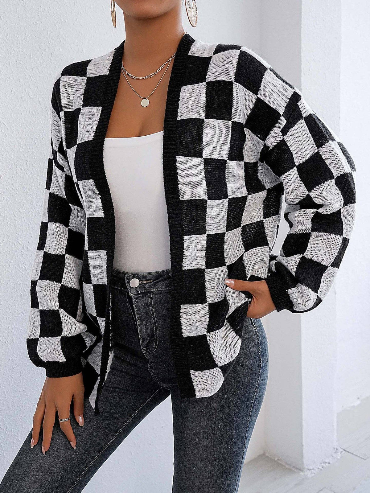 Plaid Colorblock Open Cardigan