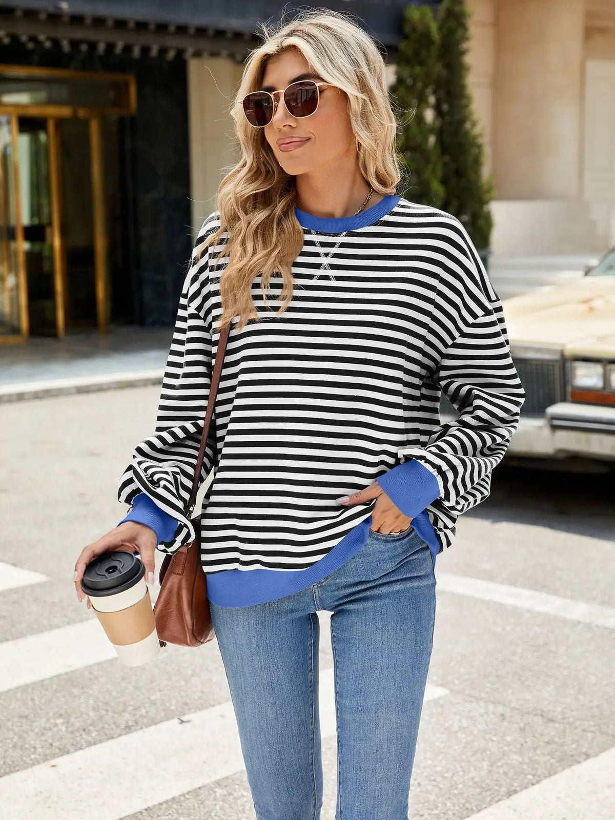 Striped Color Block Crew in Black