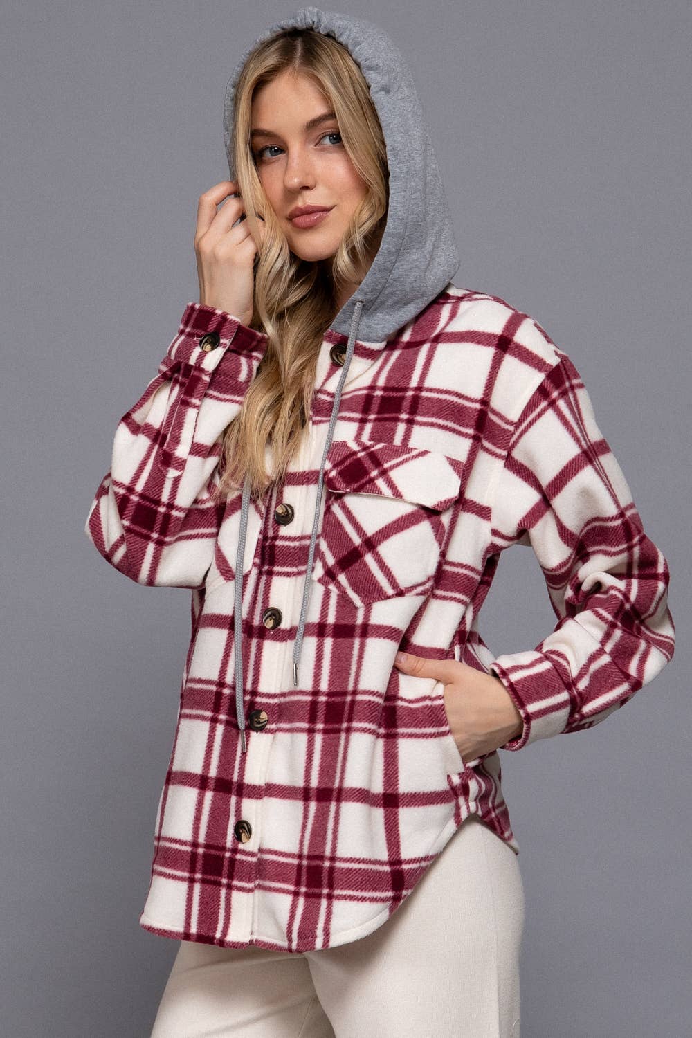 Plaid Button Down with Hoodie Fleece Jacket