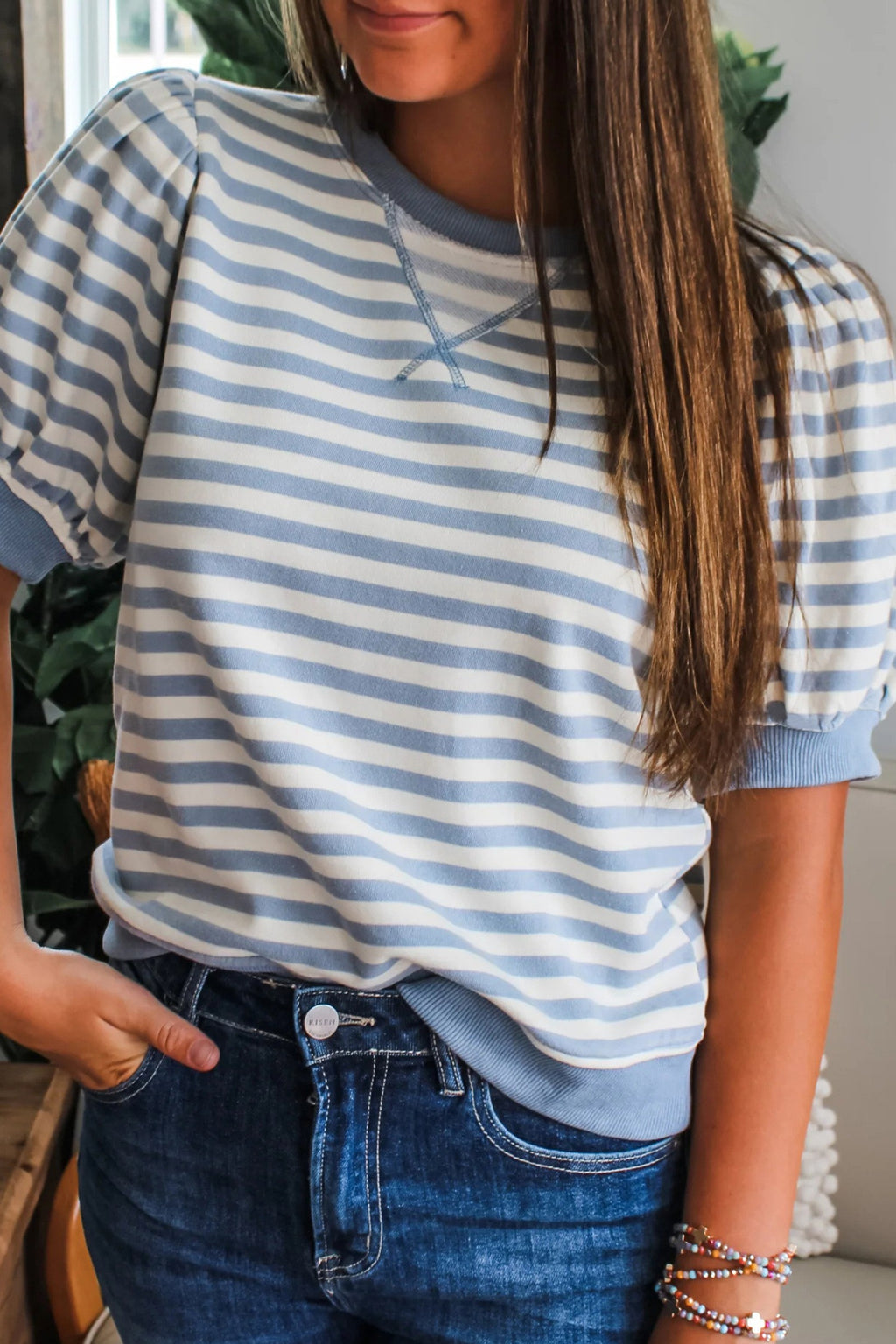 Stripe Short Bubble Sleeve Shirt