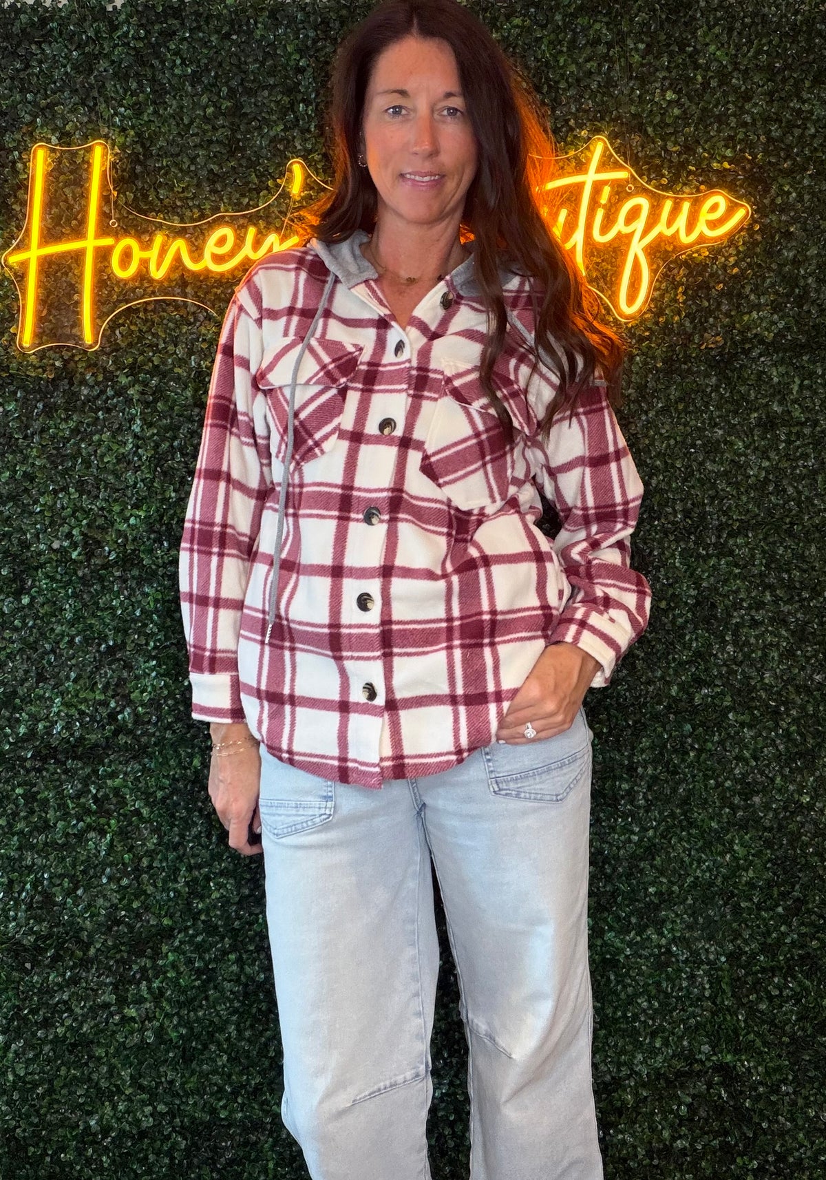 Plaid Button Down with Hoodie Fleece Jacket