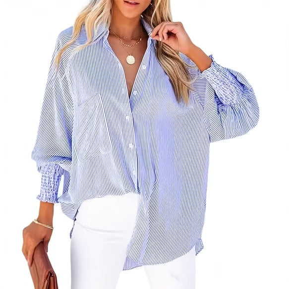 Blue Striped Button-Up with Shirred Cuffs
