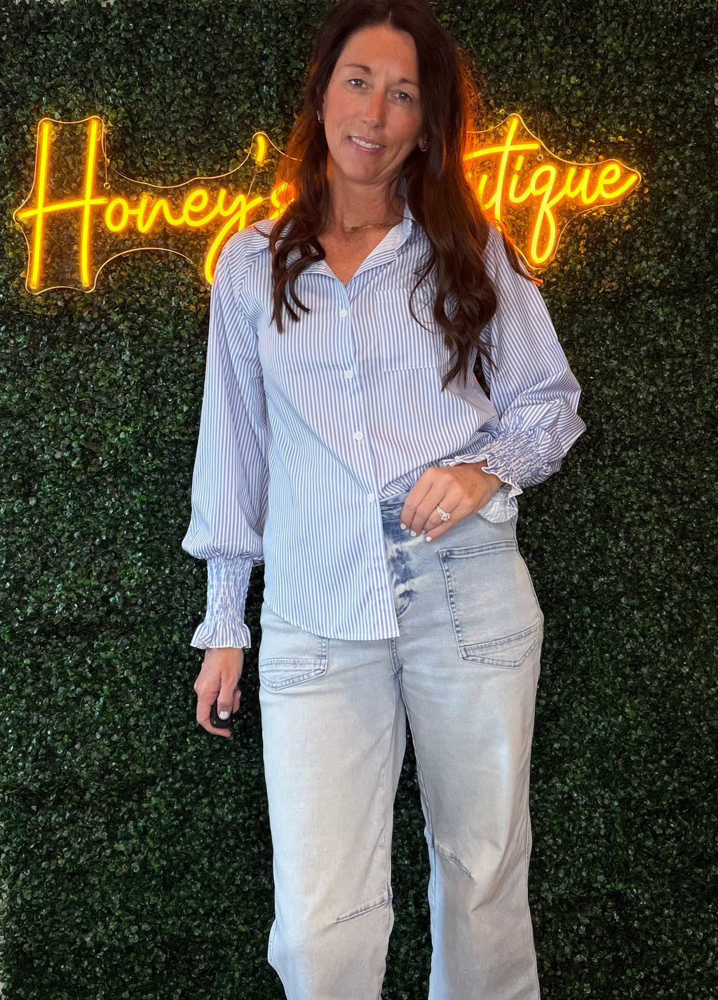 Blue Striped Button-Up with Shirred Cuffs