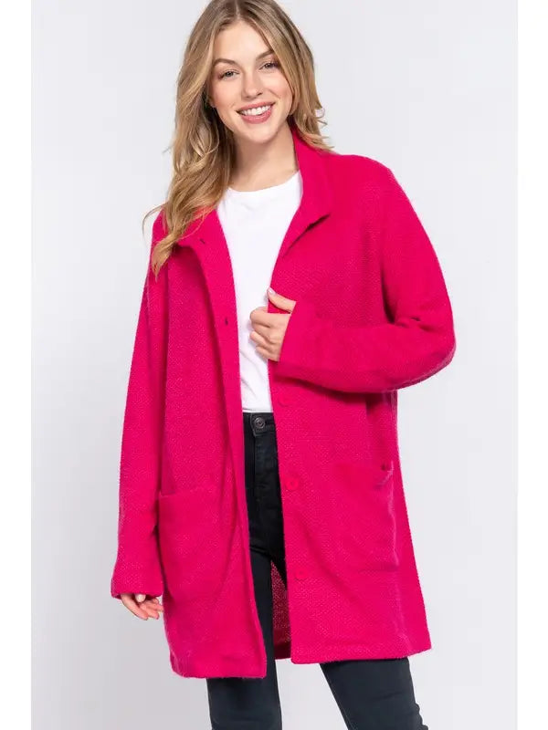 High Neck Button Down Coat in Fuchsia
