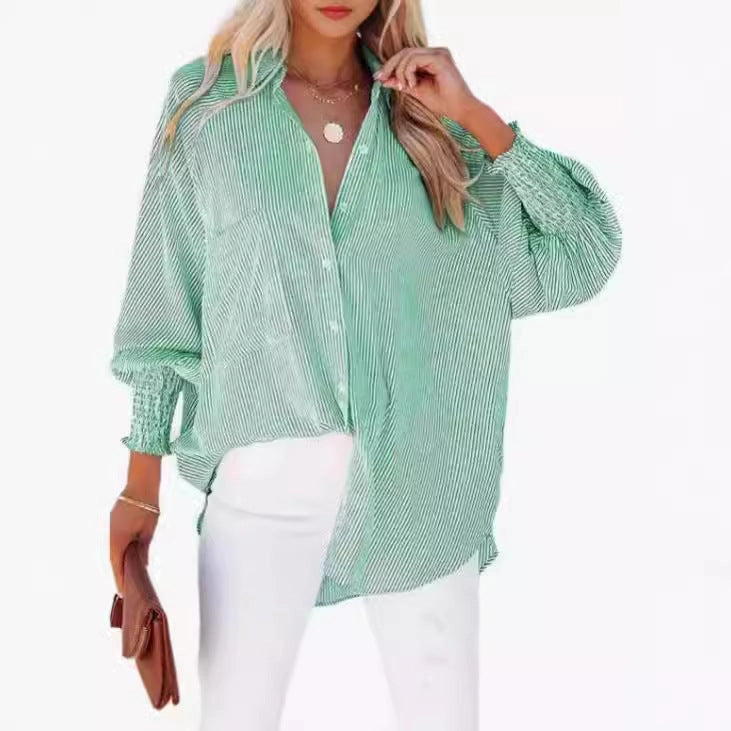Green Striped Button-Up with Shirred Cuffs