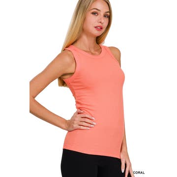 Ribbed Round Neck Tank Top in Coral