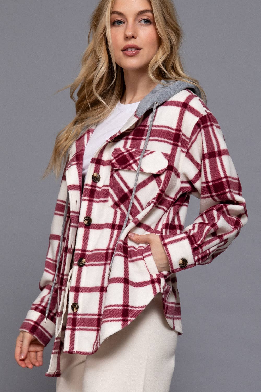 Plaid Button Down with Hoodie Fleece Jacket