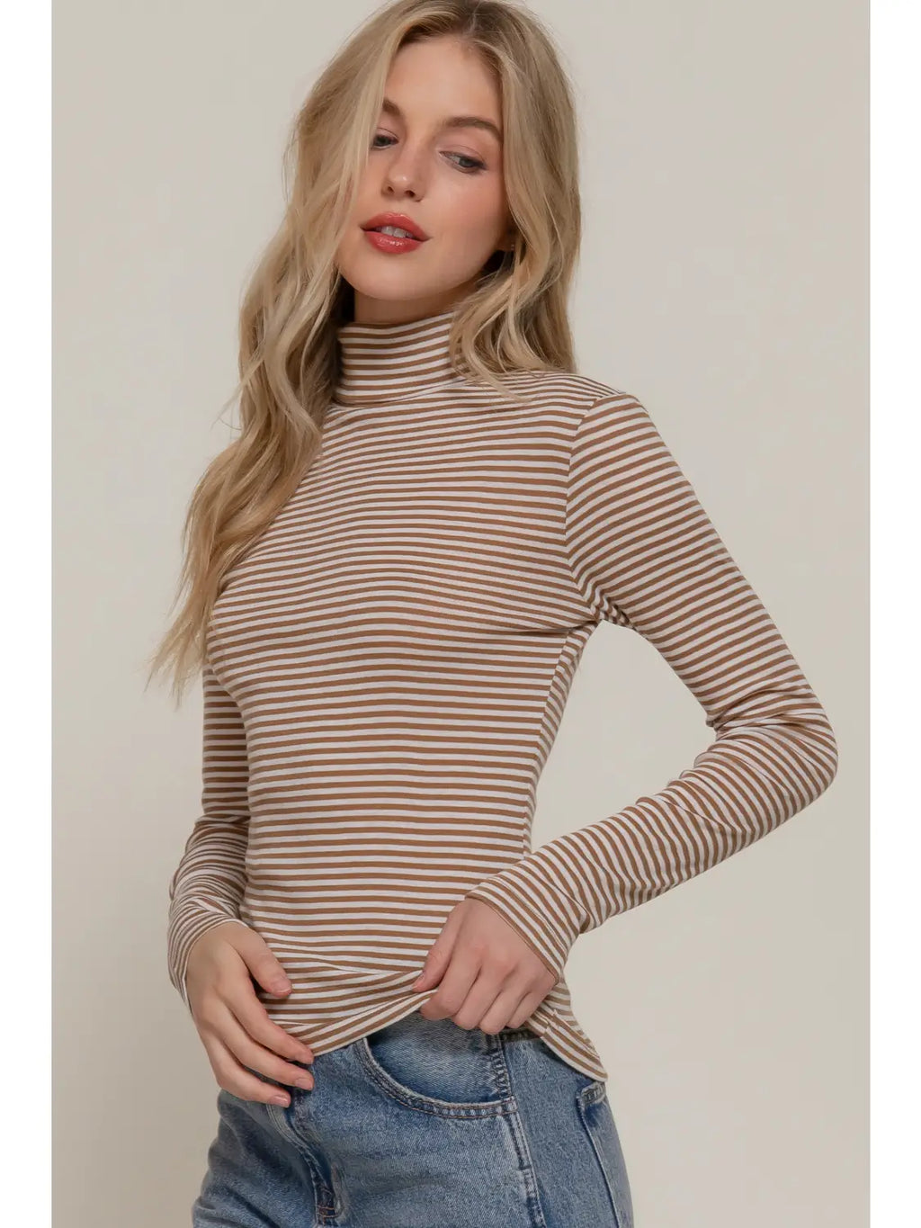 Khaki Turtle Neck Stripe Top