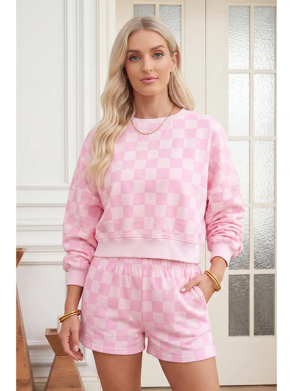 Pink Checkered Top and Shorts Set