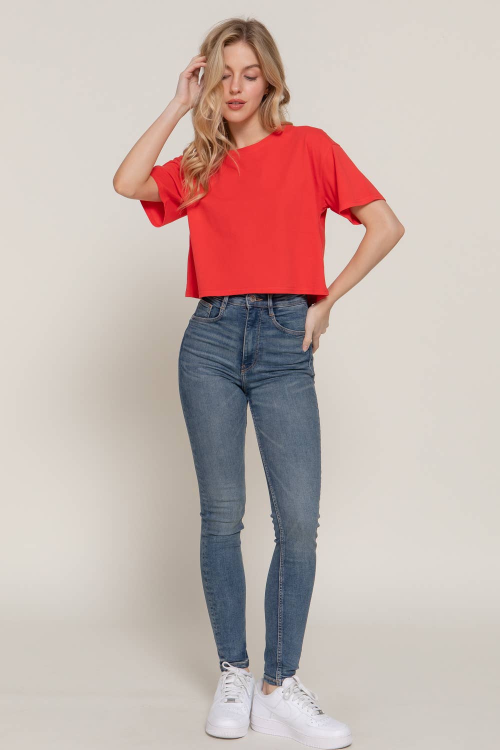 Red Crew Neck Oversize Crop Tee