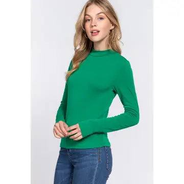 Mock Neck Rib Knit Top in Green