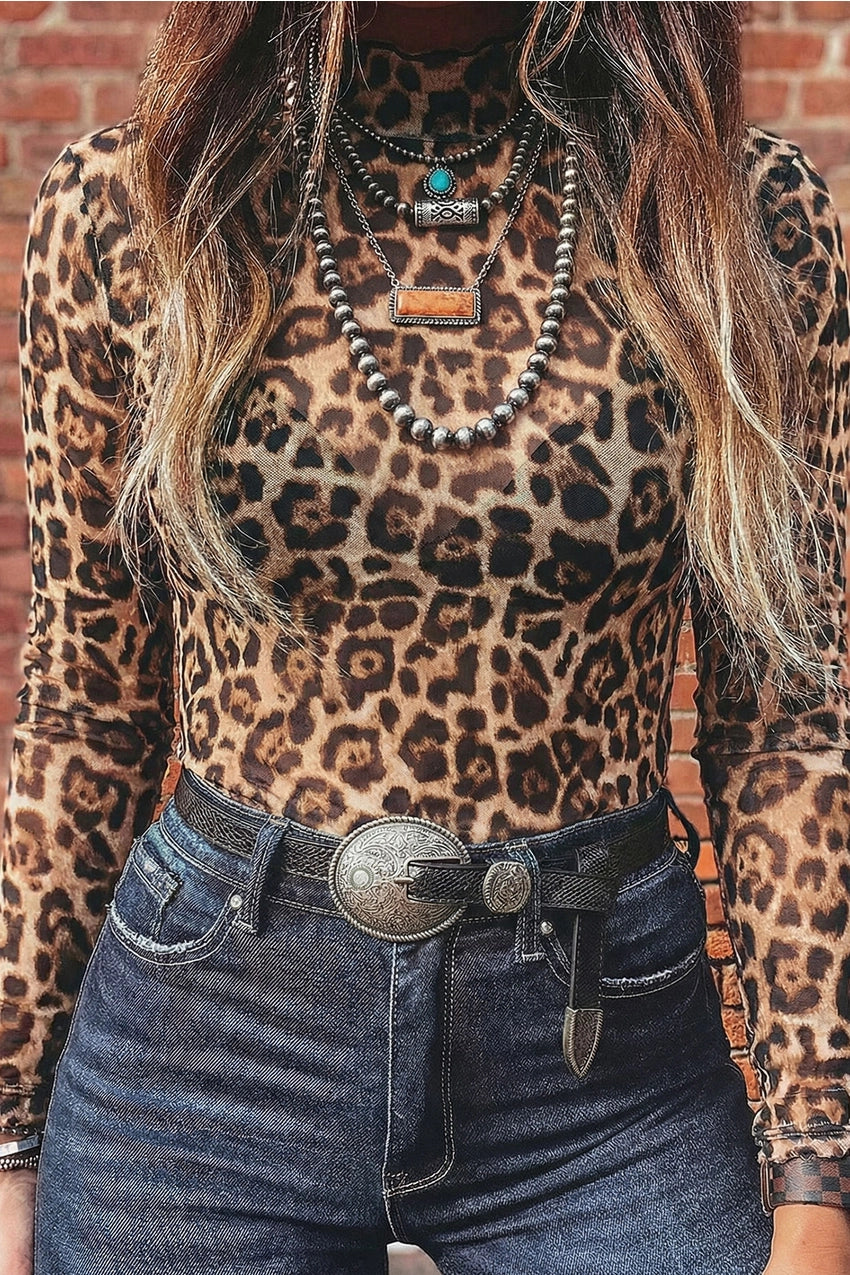 Leopard Mesh Mock Neck Sheer Slim Fit Blouse