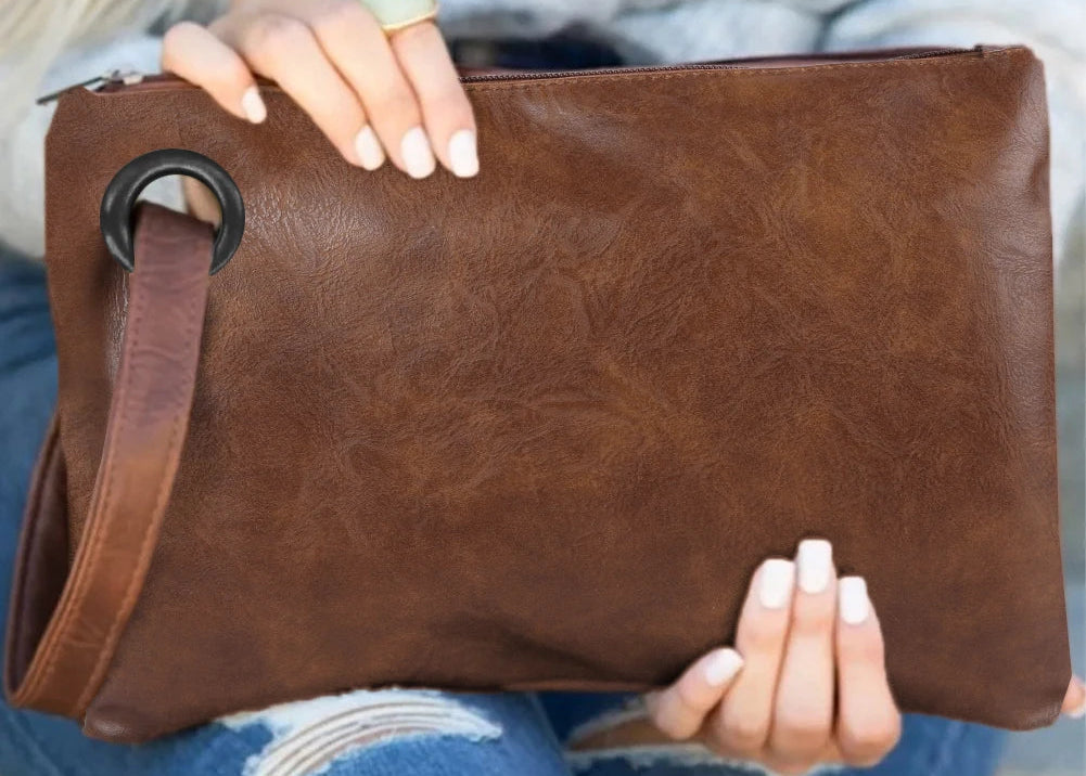Brown Vintage Leather Oversized Clutch Bag