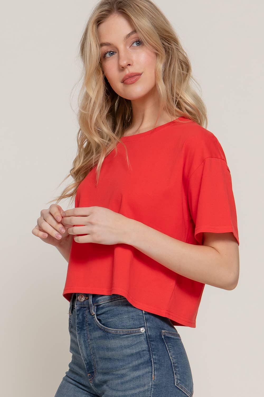 Red Crew Neck Oversize Crop Tee