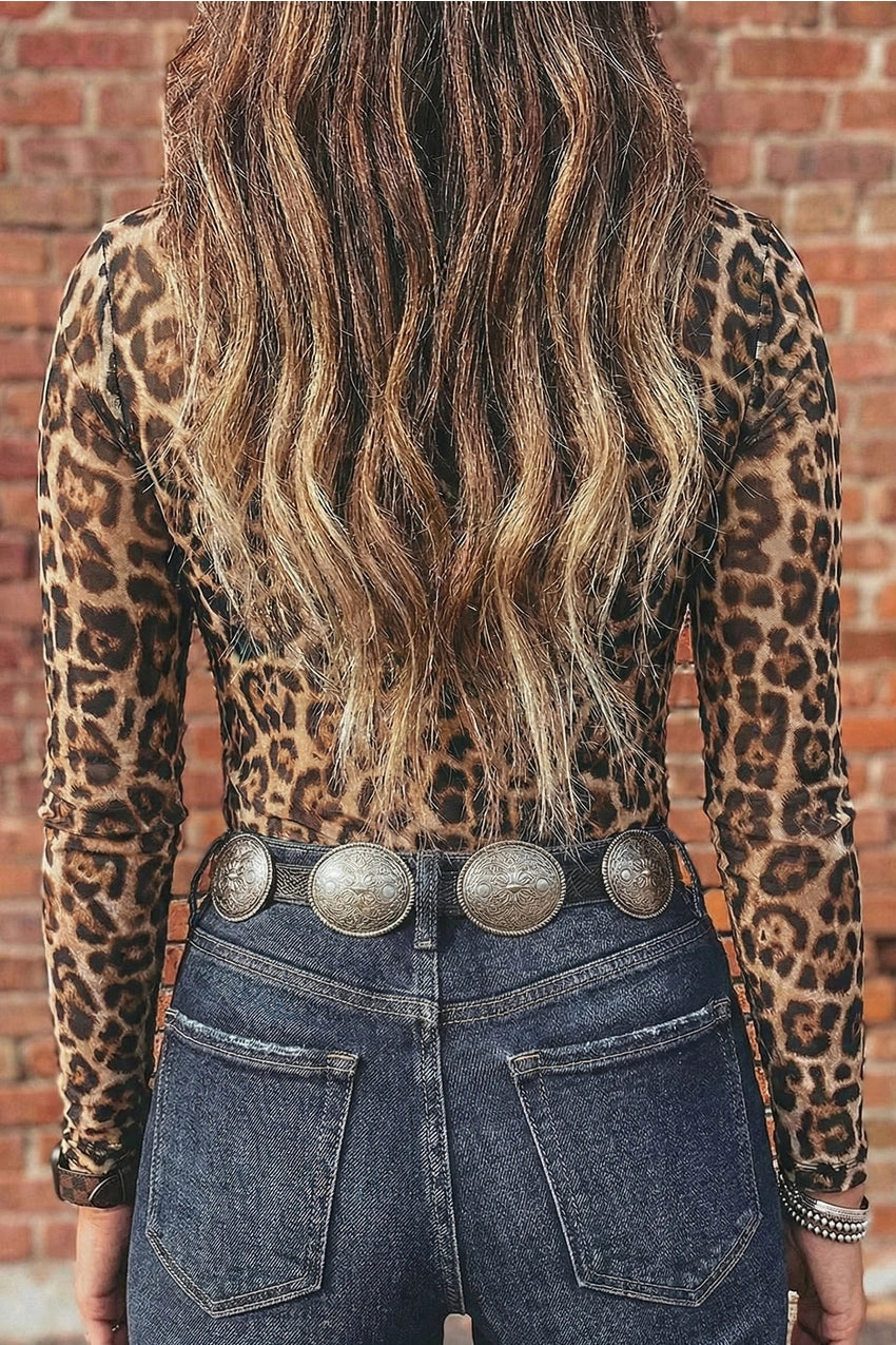 Leopard Mesh Mock Neck Sheer Slim Fit Blouse