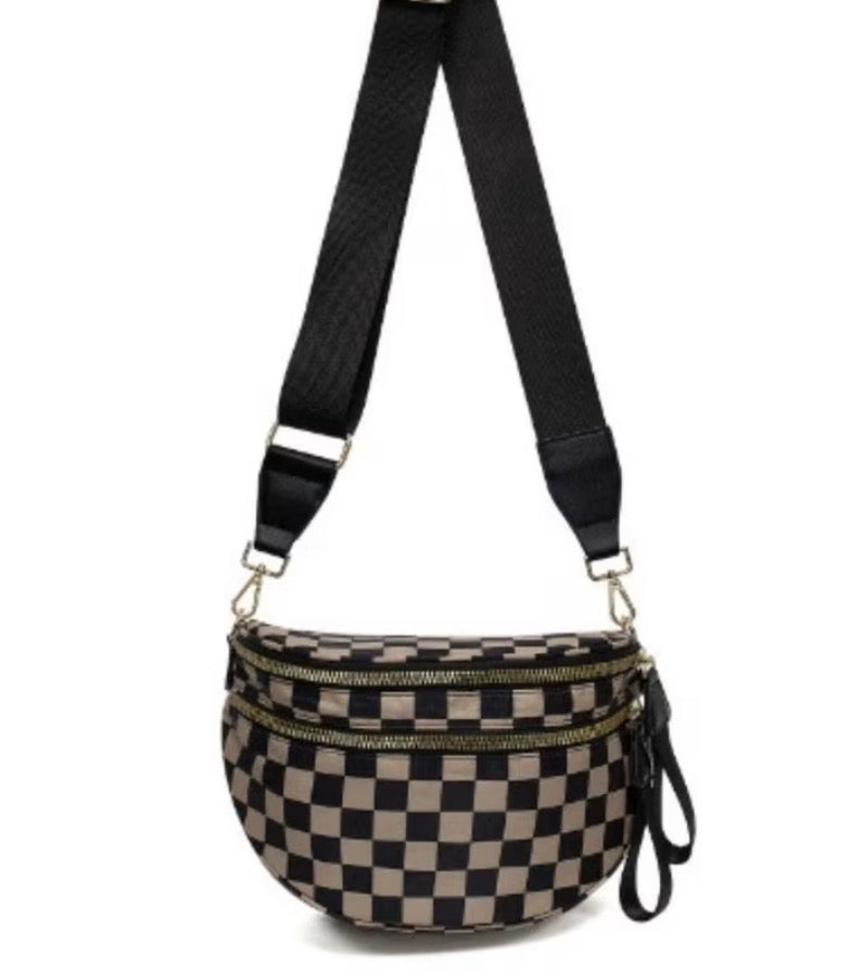 Black & Brown Check Double Zip Adjustable Sling Bag