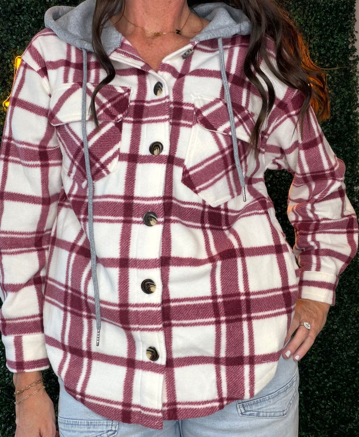 Plaid Button Down with Hoodie Fleece Jacket