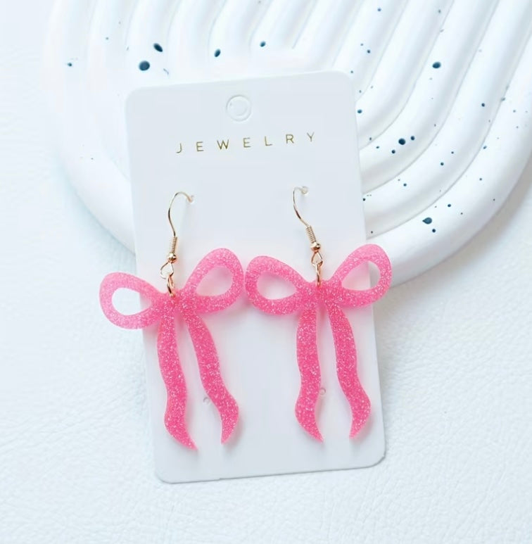 Pink Glitter Acrylic Bow Earrings