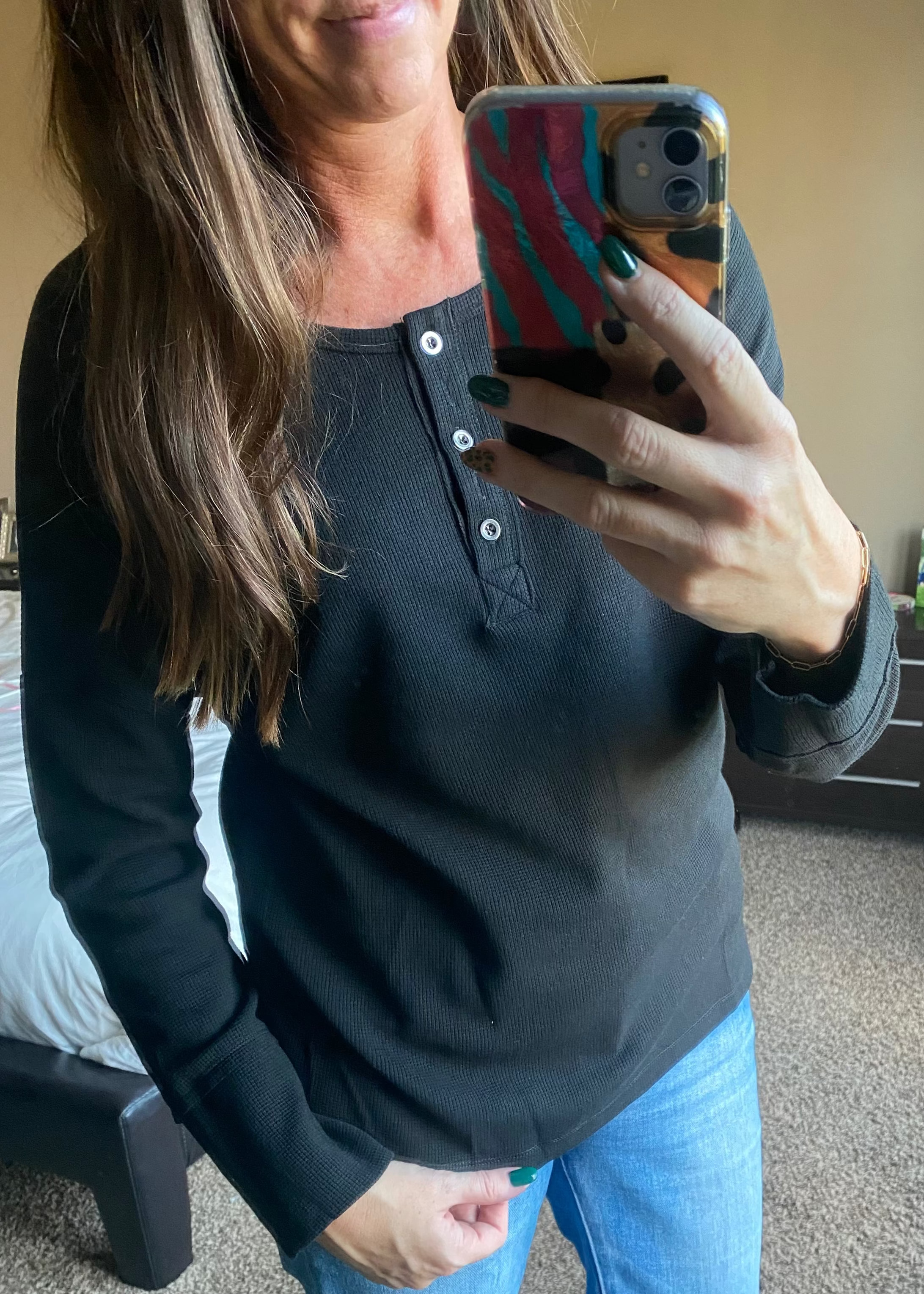 Black Waffle Knit Henley Top (SALE)