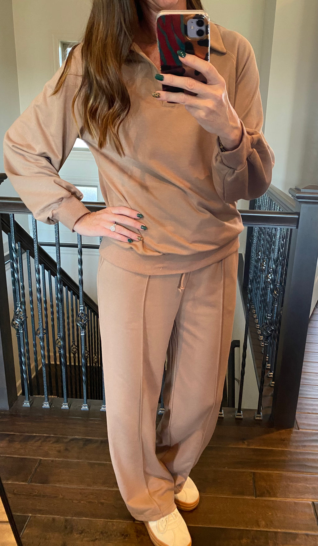 Polo Collar Pullover with Drawstring Pants Set