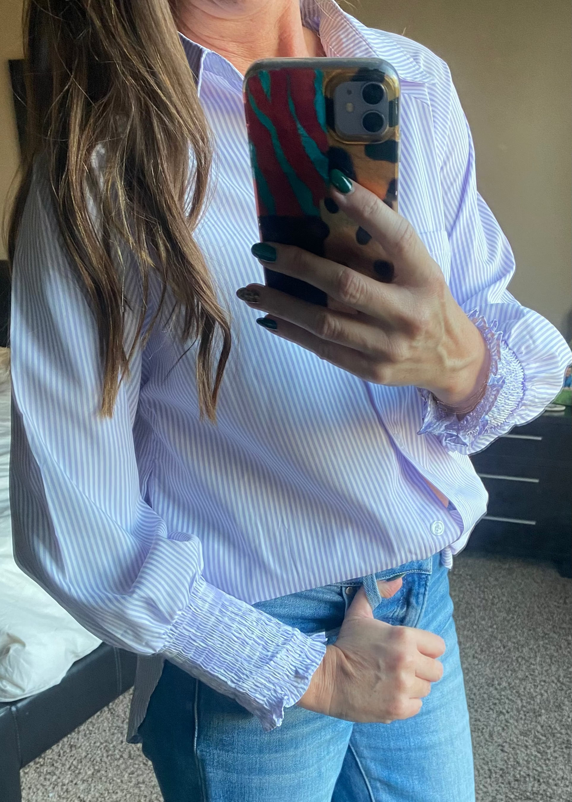 Orchid Petal Striped Button-Up with Shirred Cuffs