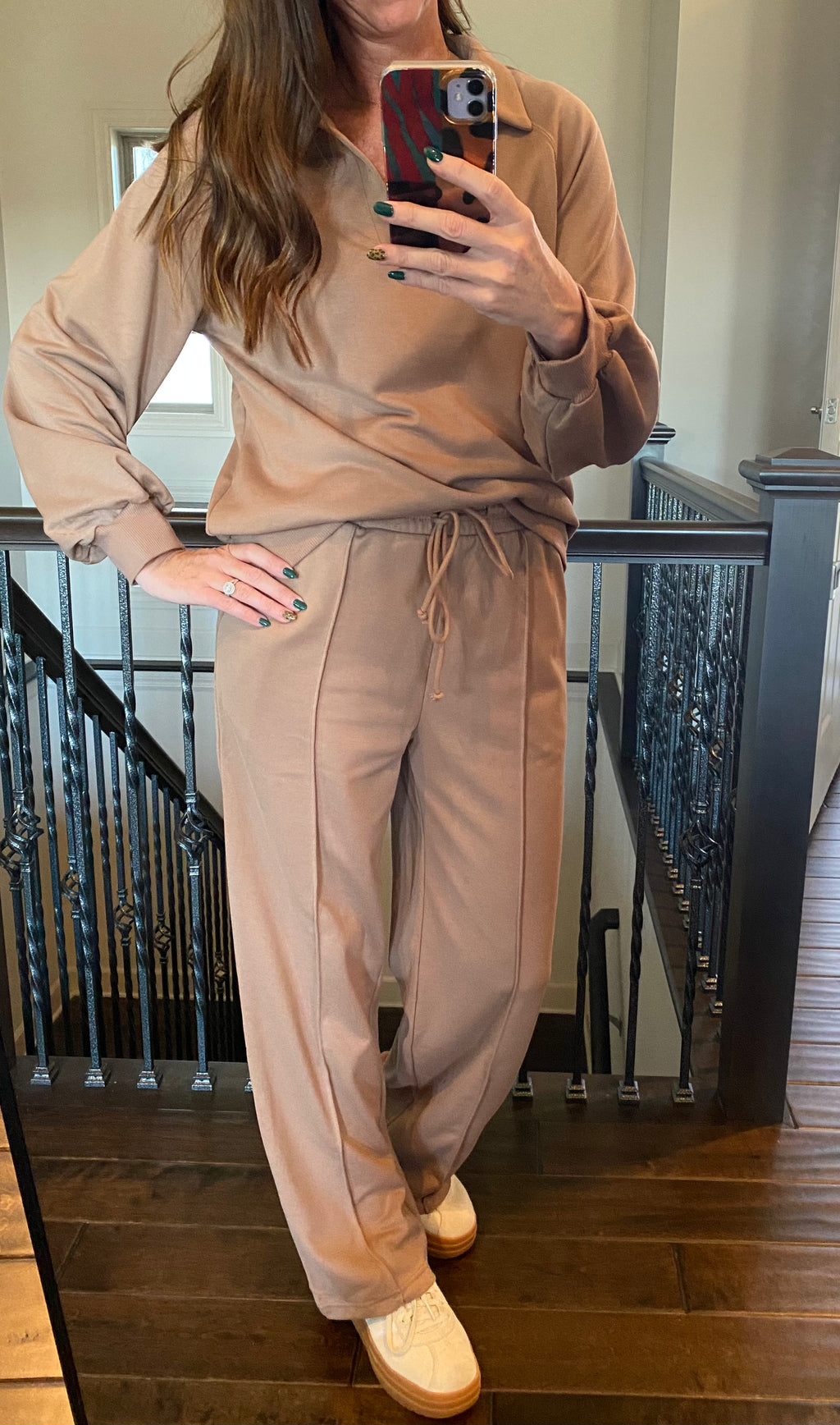Polo Collar Pullover with Drawstring Pants Set