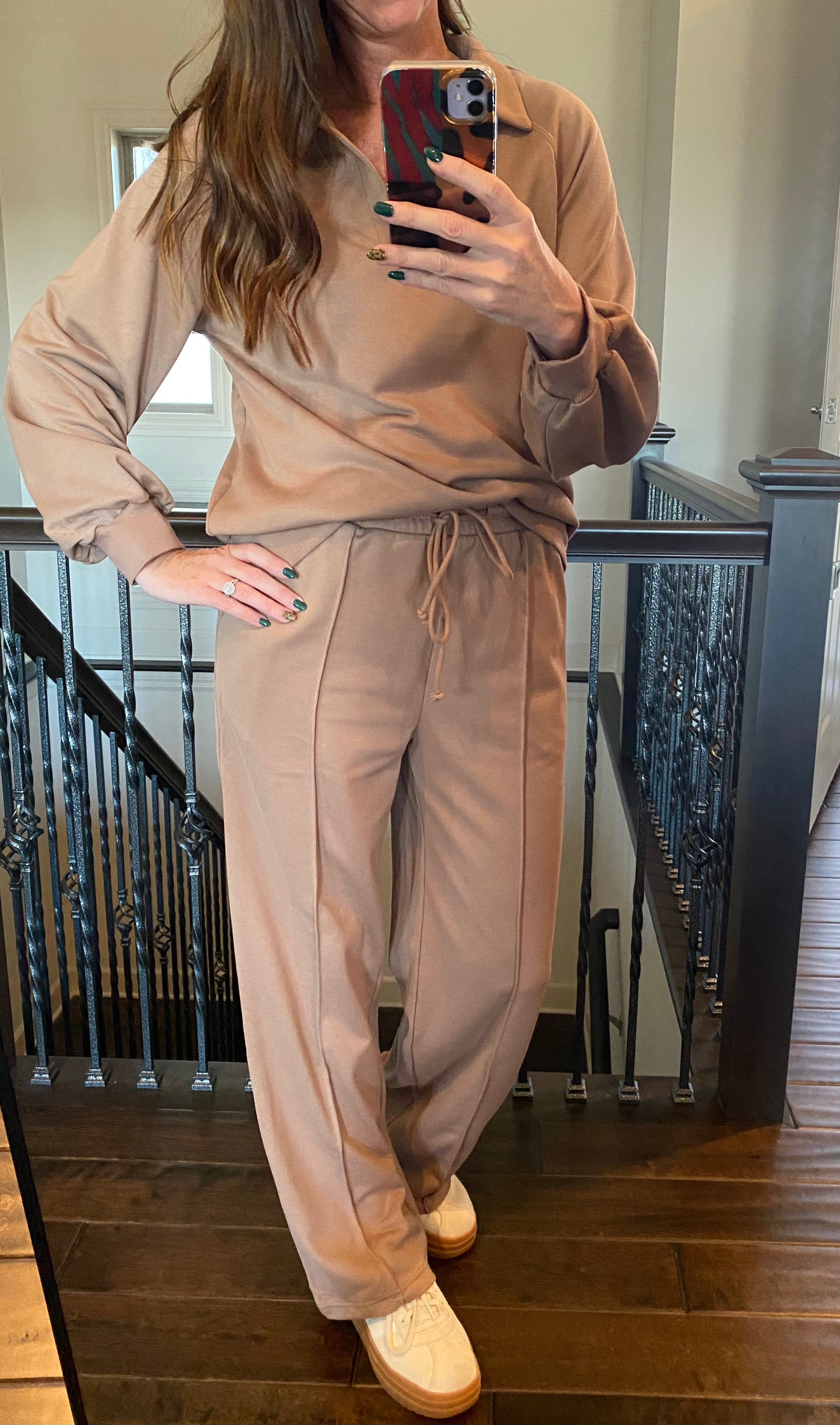 Polo Collar Pullover with Drawstring Pants Set