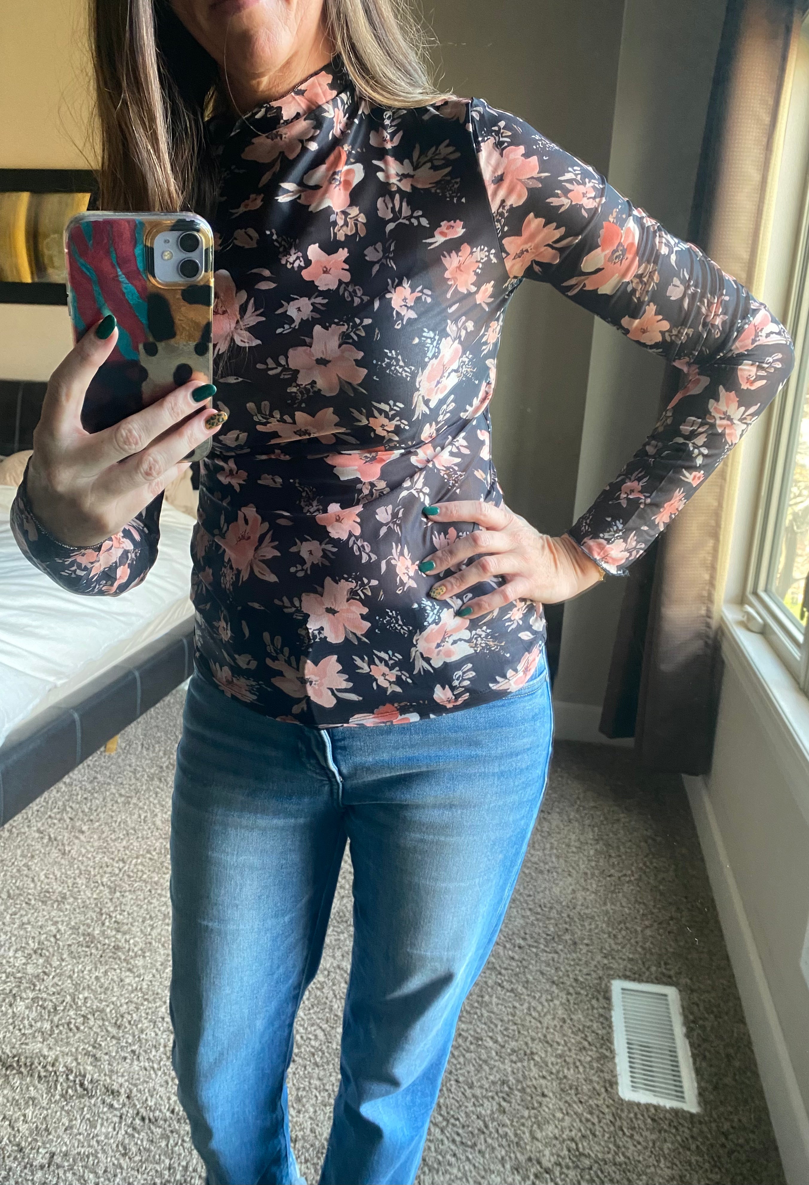 Black Floral Mesh Top