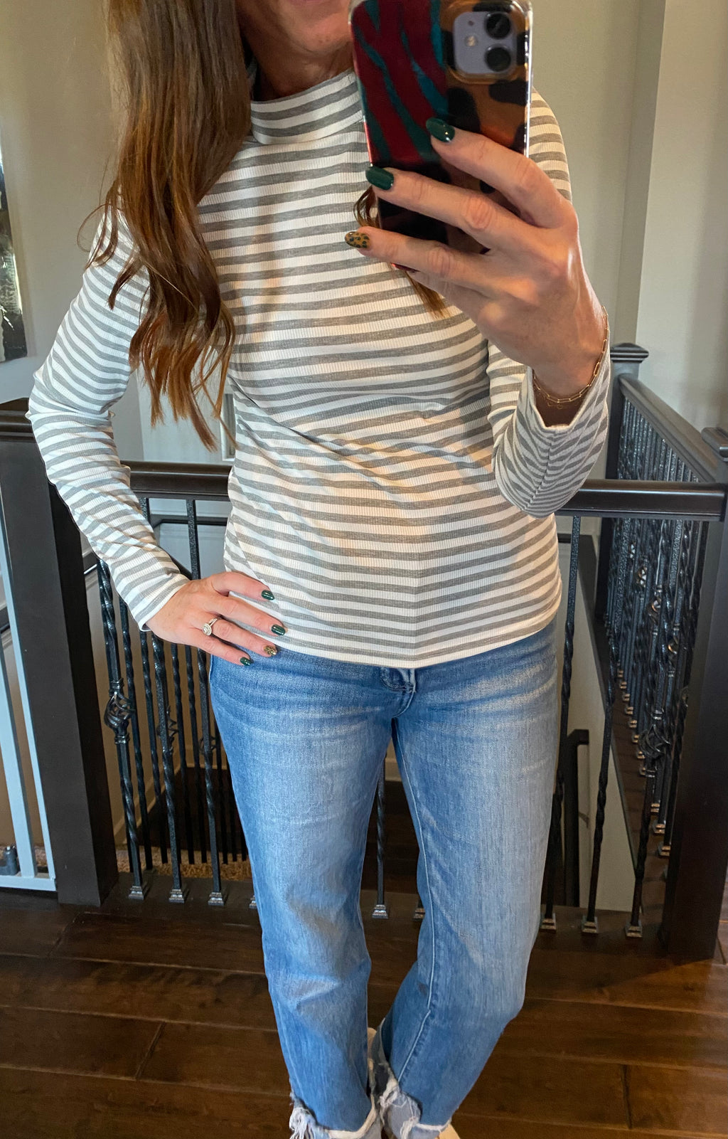 Ribbed Gray Long Sleeved Striped Top