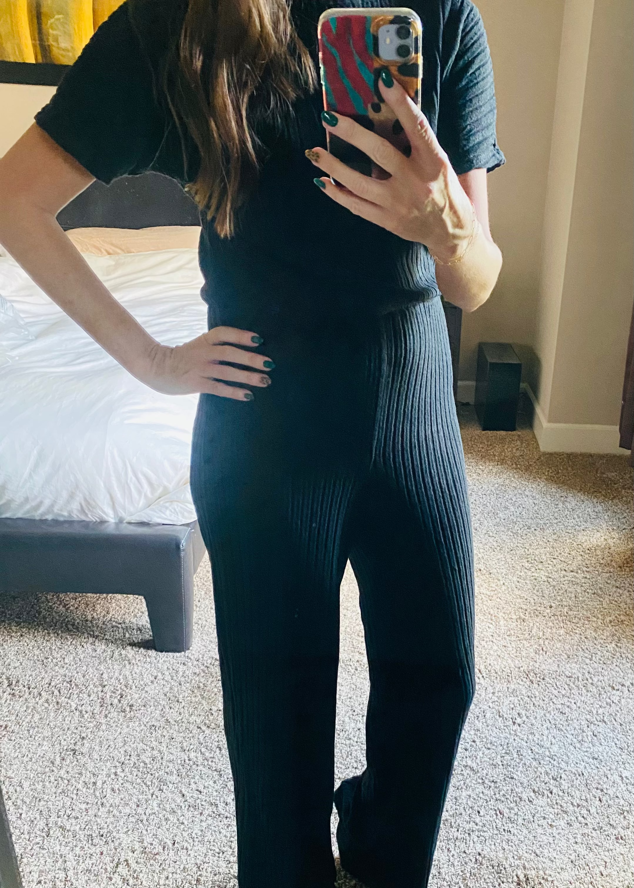 Black Ribbed Keyhole Wide Leg Jumpsuit