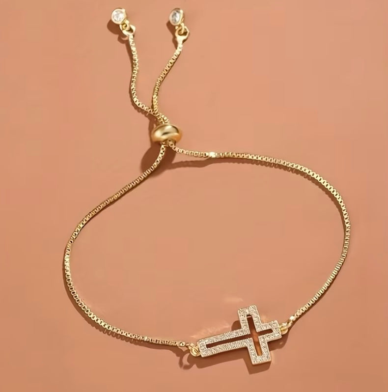 Rhinestone Cross Bracelet in Gold