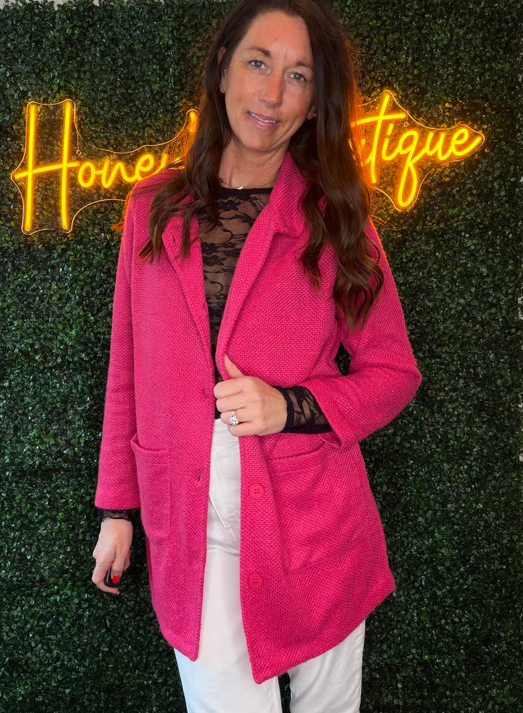 High Neck Button Down Coat in Fuchsia
