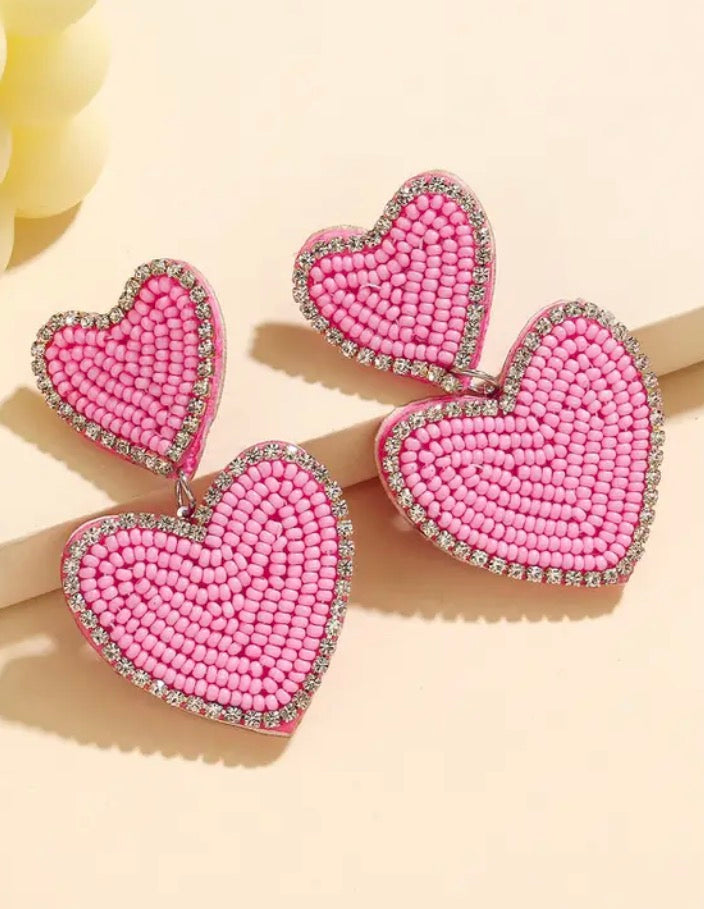 Pink Beaded Heart Earrings
