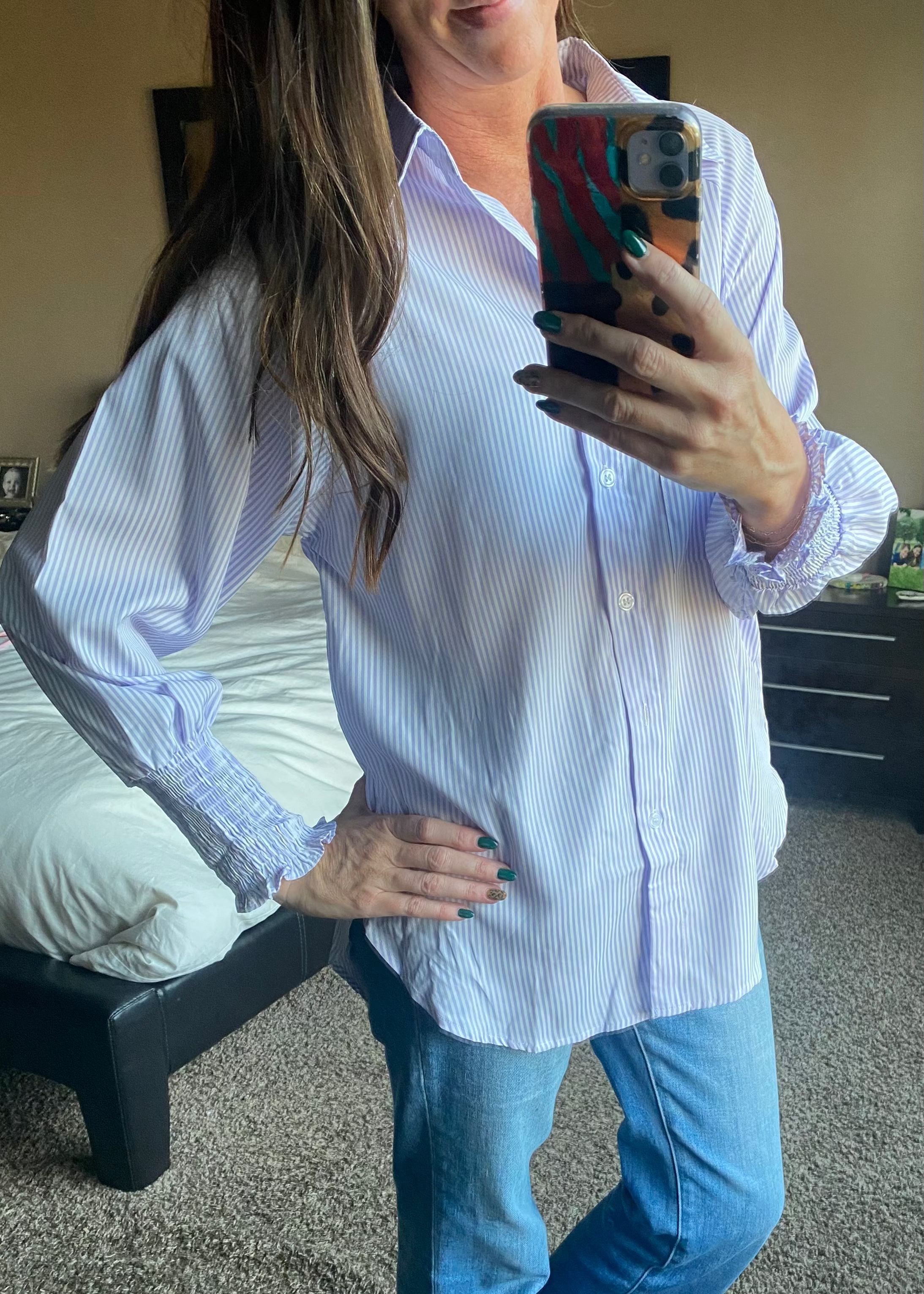 Orchid Petal Striped Button-Up with Shirred Cuffs