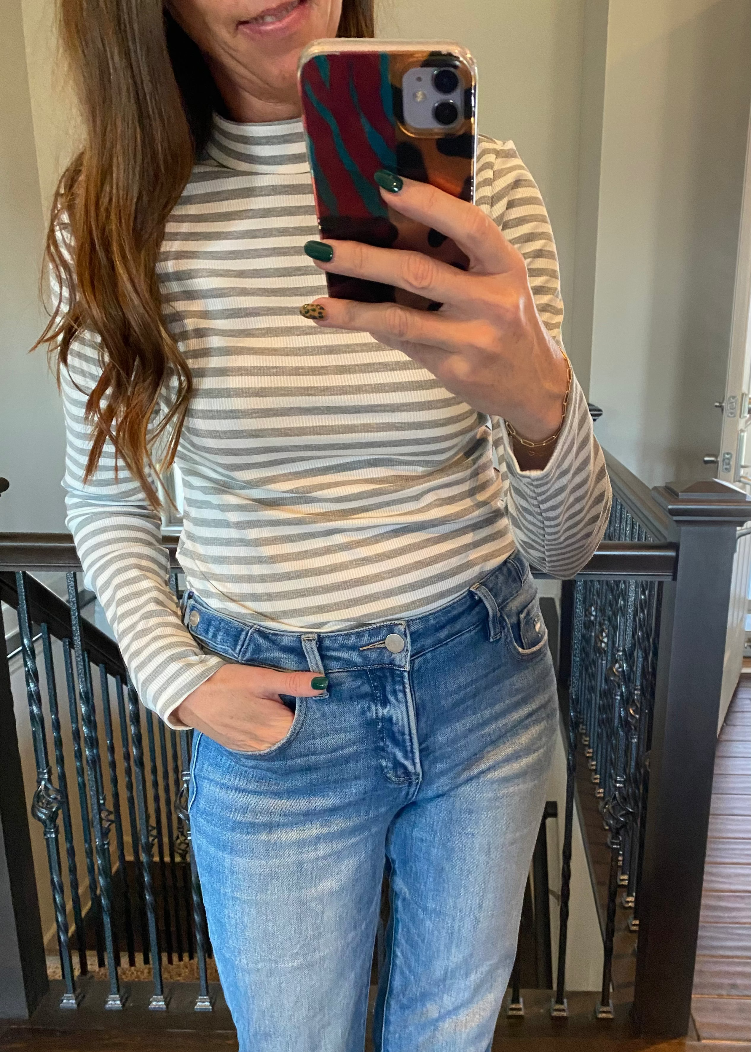 Ribbed Gray Long Sleeved Striped Top