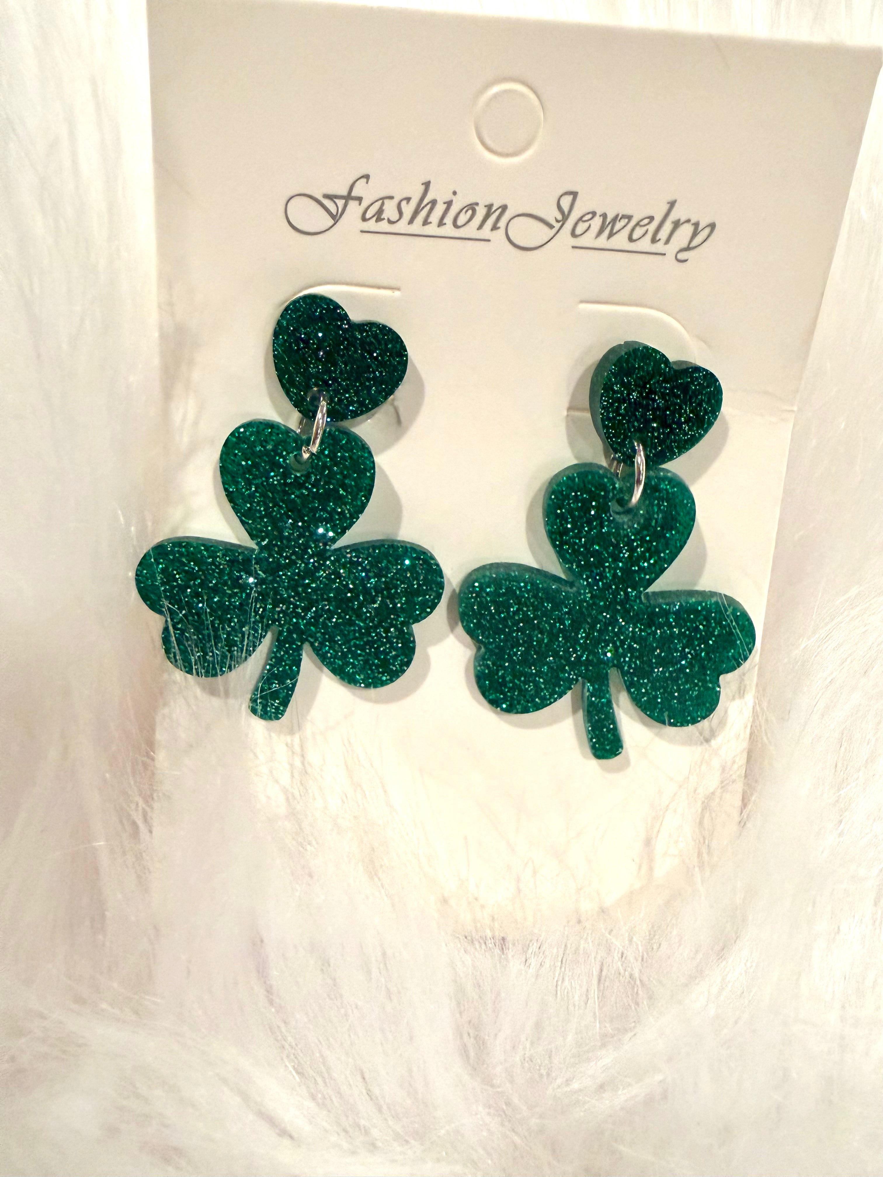 Green Glitter Shamrock Earrings
