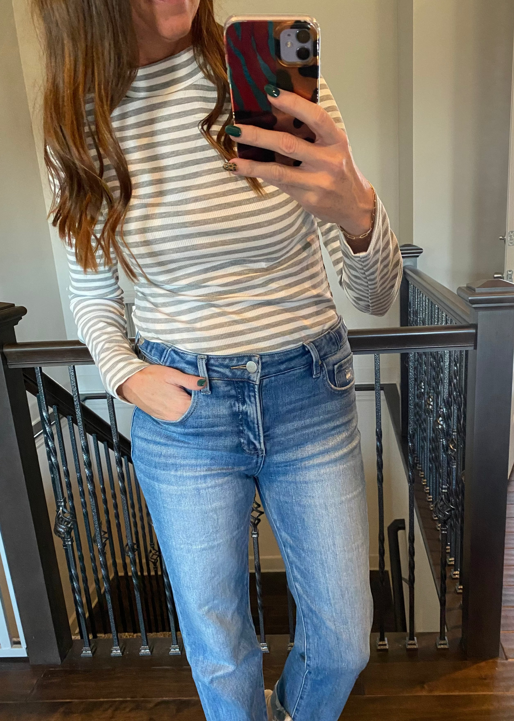 Ribbed Gray Long Sleeved Striped Top