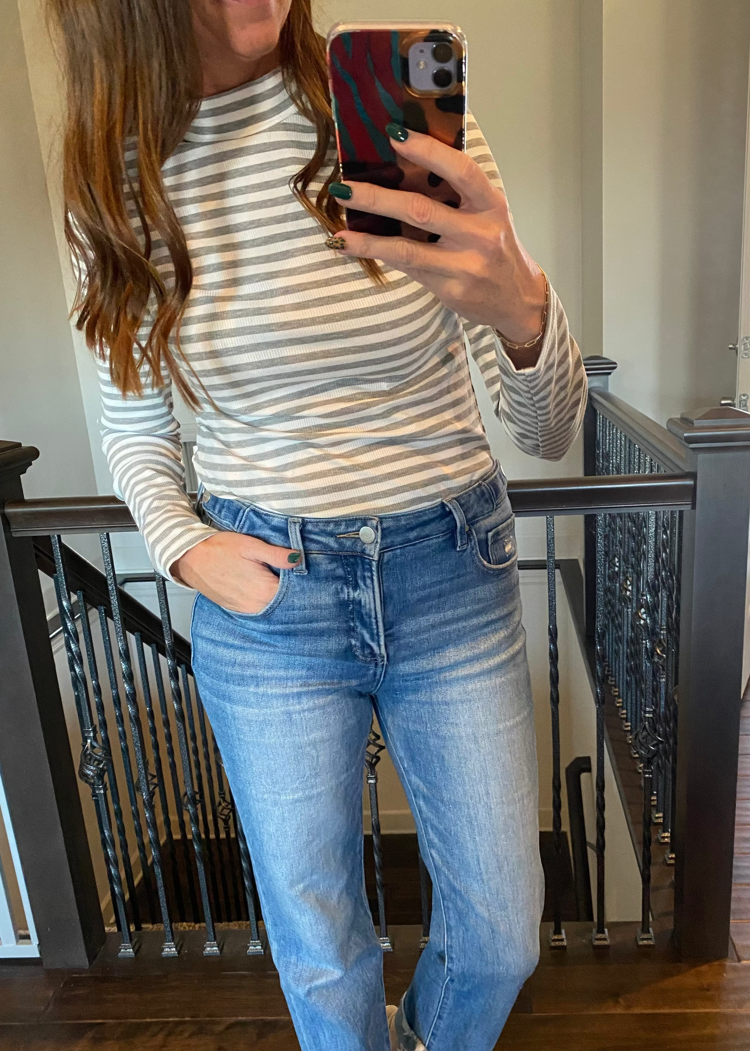Ribbed Gray Long Sleeved Striped Top