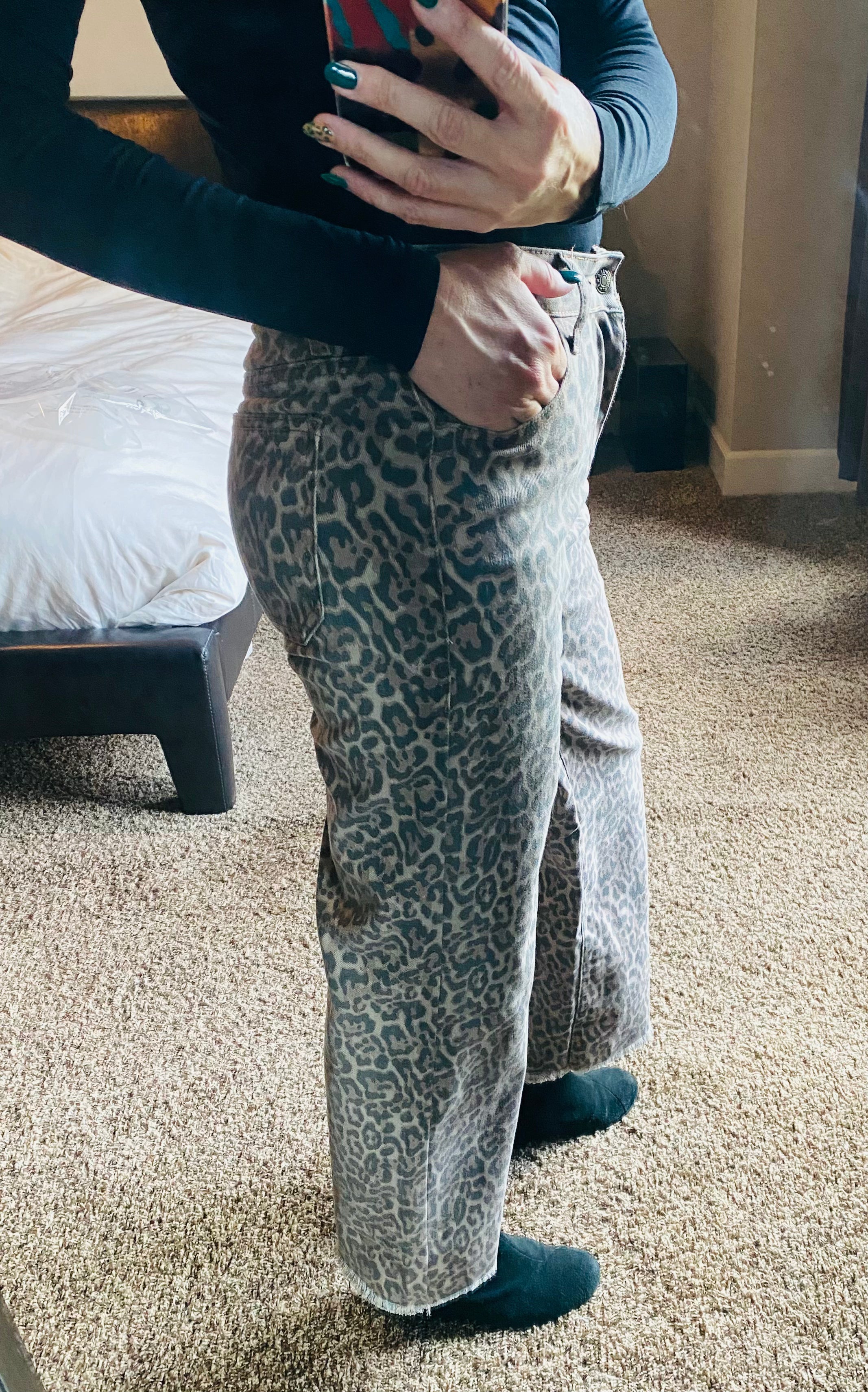 Leopard Frayed Edge Wide Leg High Waist Jeans