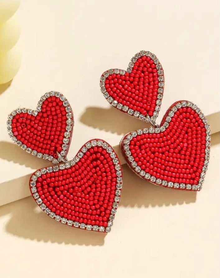 Red Beaded Heart Earrings