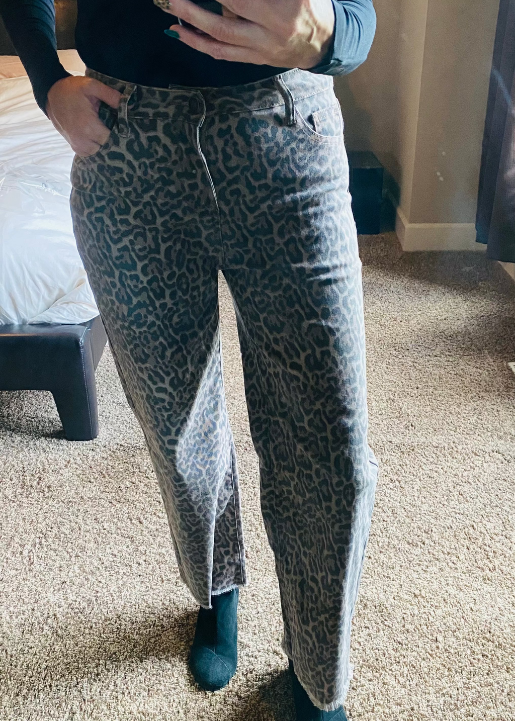 Leopard Frayed Edge Wide Leg High Waist Jeans
