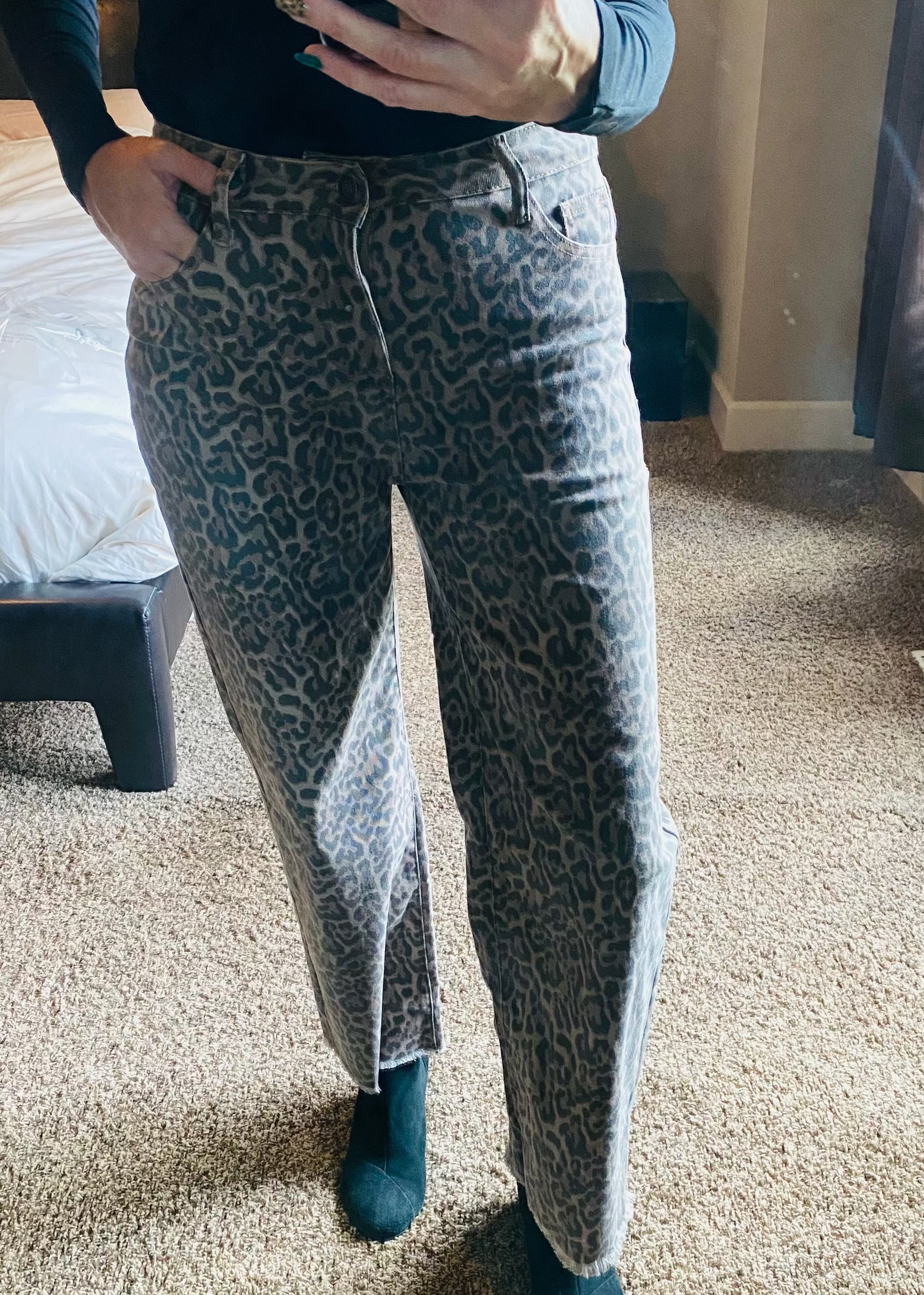 Leopard Frayed Edge Wide Leg High Waist Jeans
