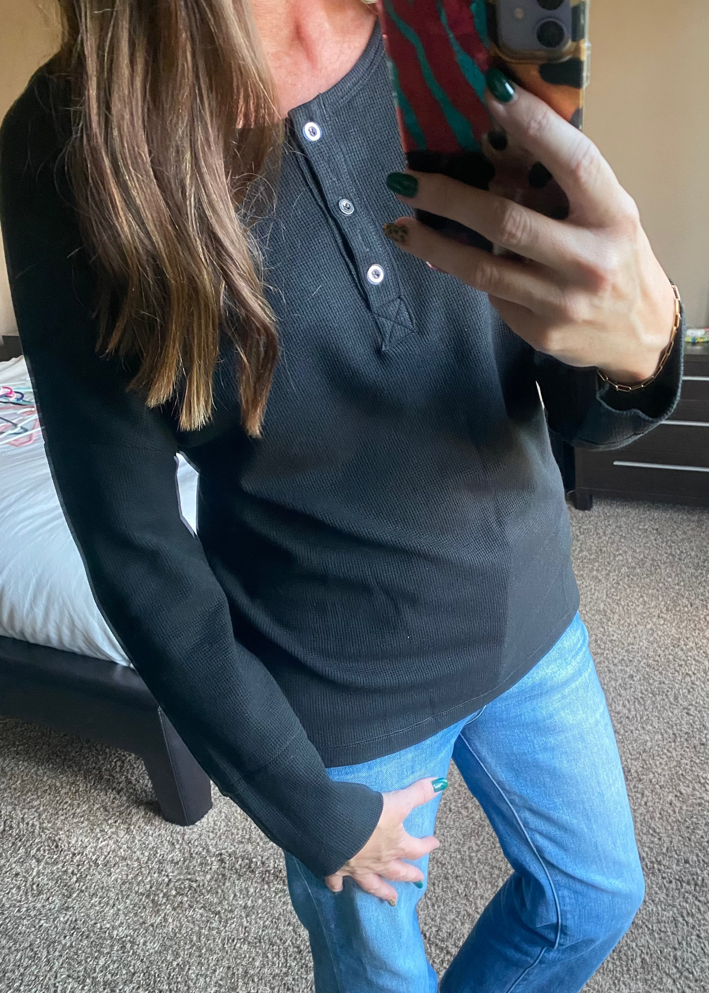 Black Waffle Knit Henley Top (SALE)