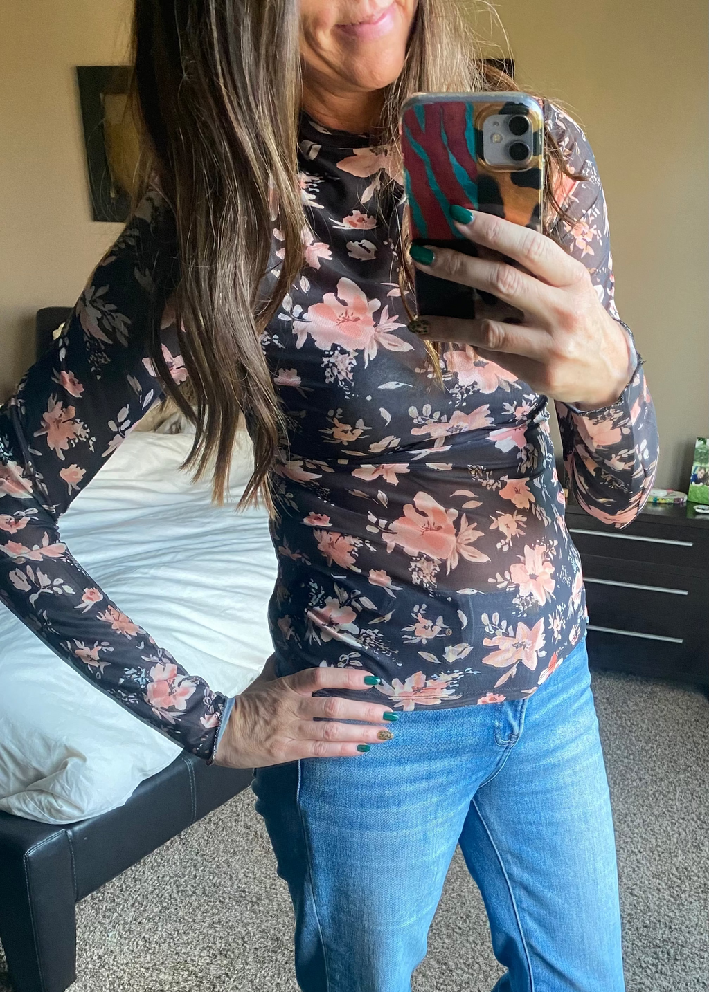 Black Floral Mesh Top