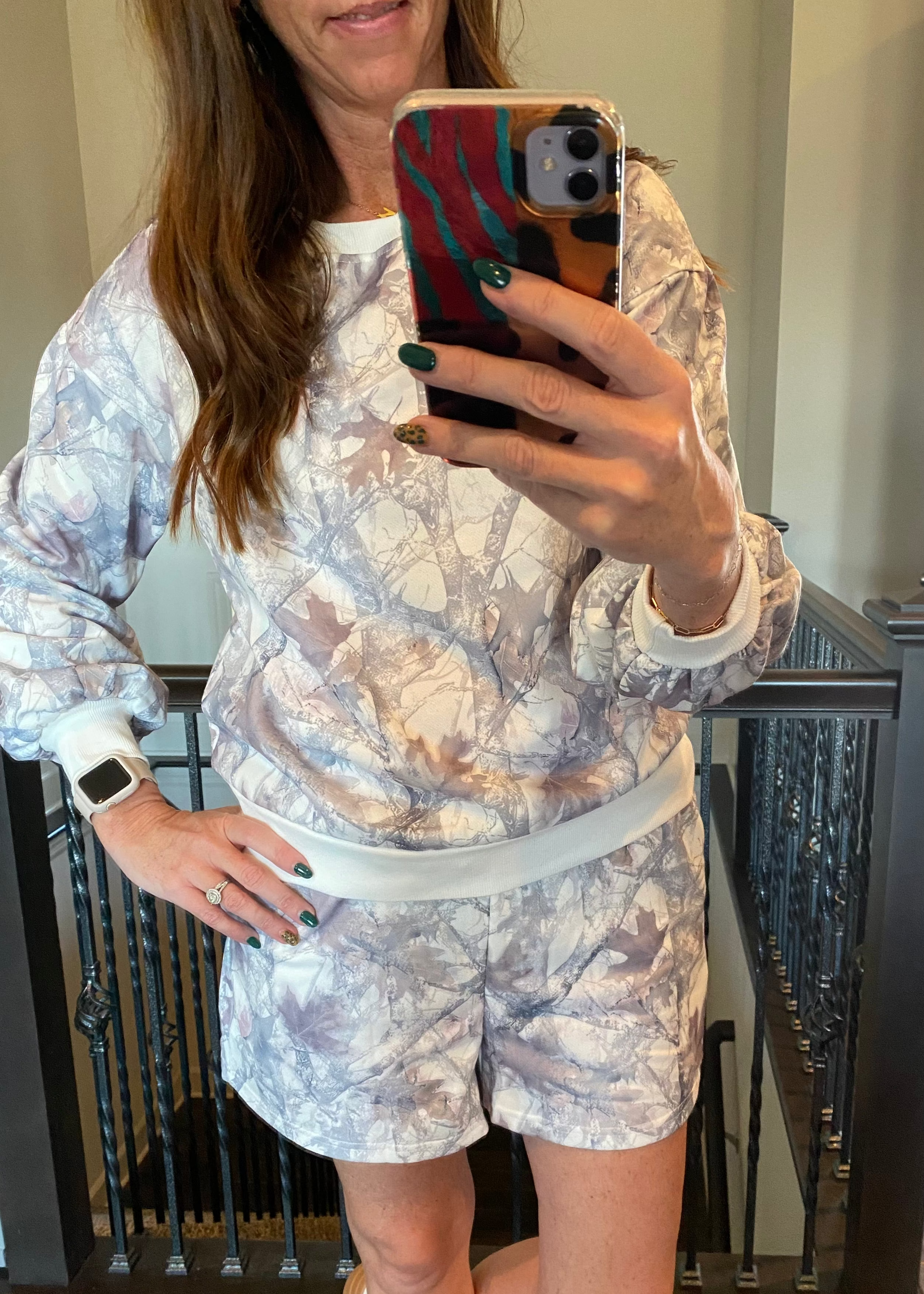 Camo Print Long Sleeve Top and Shorts Set