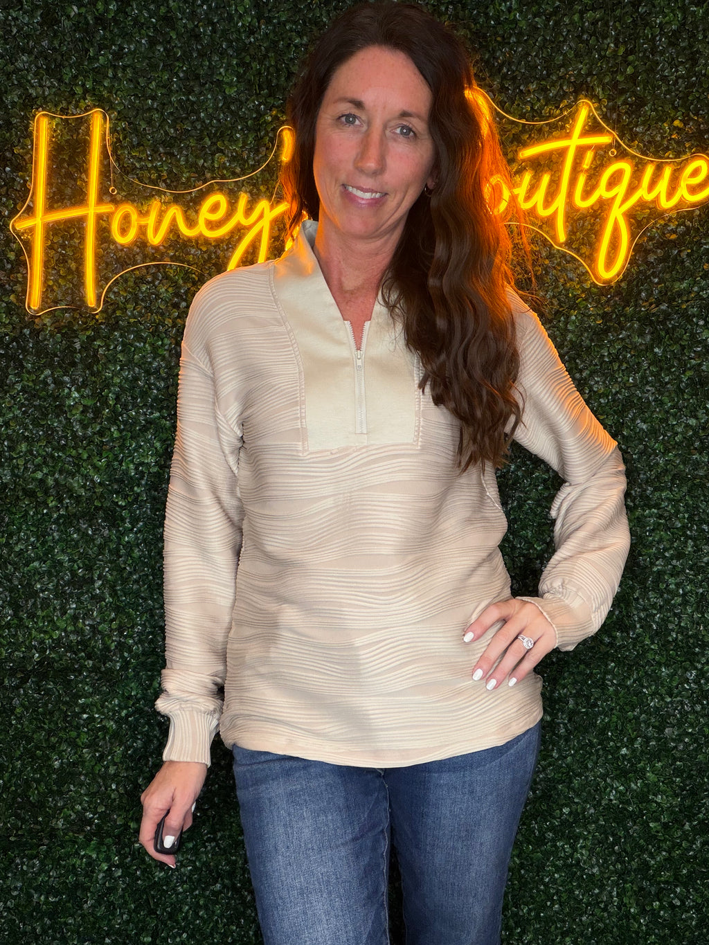 Parchment Textured Zip V Neck Pullover