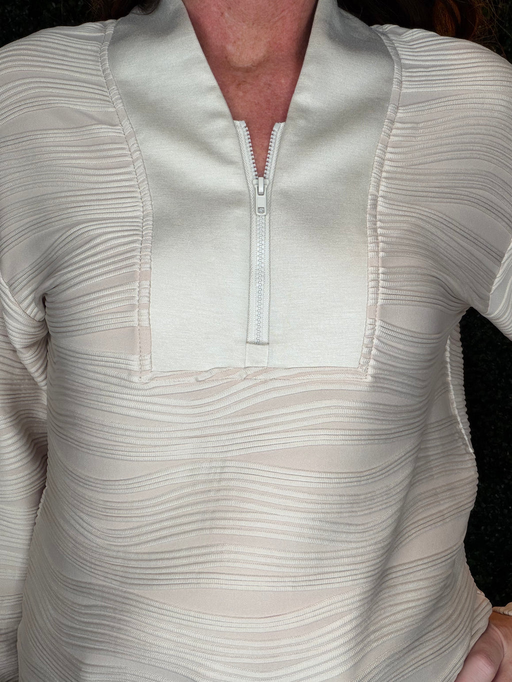Parchment Textured Zip V Neck Pullover